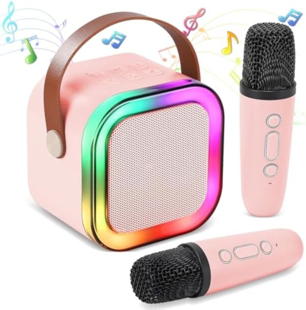 Offrez une mini machine karaoké portable avec 2 micros sans fil Bluetooth. Idéal cadeau enfant pour anniversaires et Noël. Chantez partout, amusez-vous !