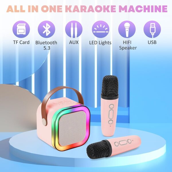 Offrez une mini machine karaoké portable avec 2 micros sans fil Bluetooth. Idéal cadeau enfant pour anniversaires et Noël. Chantez partout, amusez-vous !