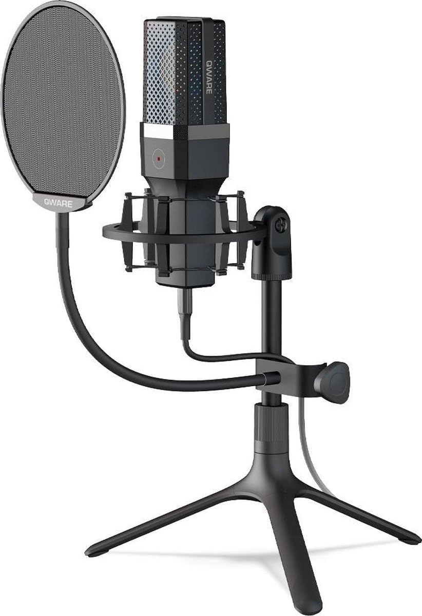 Microphone de streaming unidirectionnel noir mat pour podcast Découvrez ce microphone de streaming USB avec filtre anti-pop. Idéal podcast, vlogging et jeux. Améliorez votre son dès maintenant !