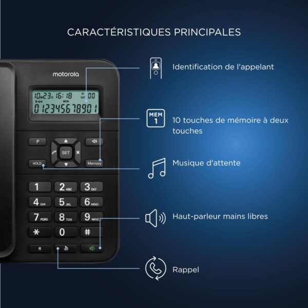 Découvrez ce téléphone fixe mains libres avec identifiant d'appelant. Profitez d'une communication claire et pratique. Commandez-le dès maintenant !